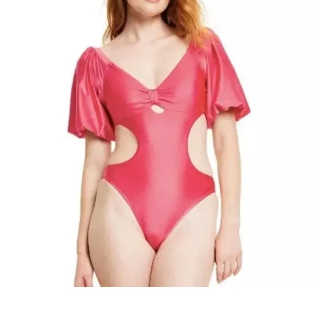 Fe Noel X Target  Metallic Puff Sleeve Cut Out One Piece Swimsuit Medium  NWOT